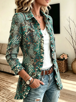 Women's Turquoise Animal Print Ruffle Blazer Jacket