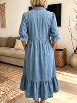 Women Ruffle Trim Denim Midi Dress Puff 3/4 Sleeve Button Down Loose Shirt Dress With Pockets