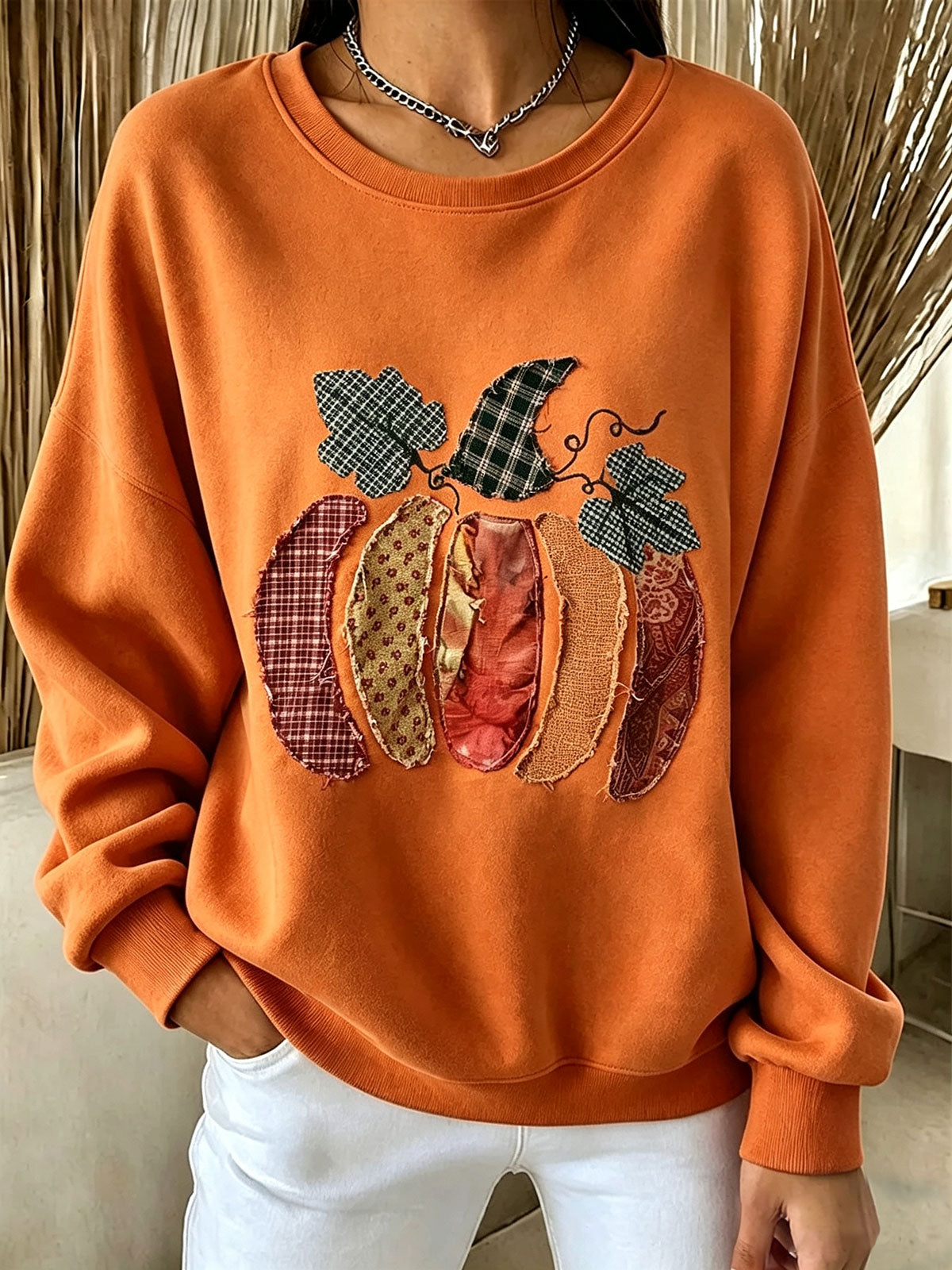 Women Patchwork Pumpkin Applique Crewneck Fall Sweatshirt