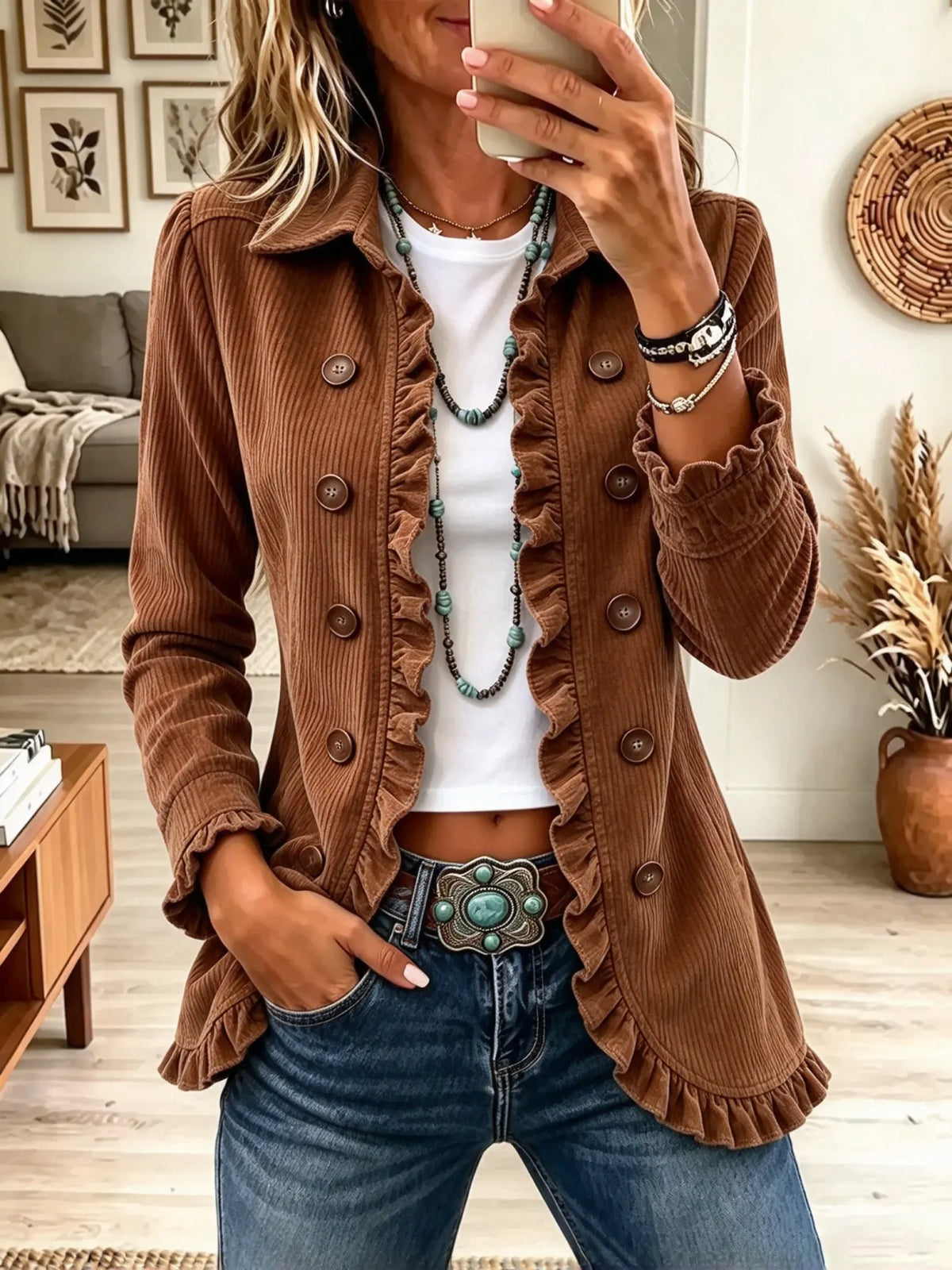Women's Ruffle Trim Double-Breasted Corduroy Jacket
