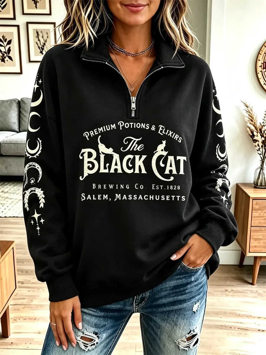 Vintage Halloween Cat Pattern Art Casual Stylish Long Sleeve Sweatshirt