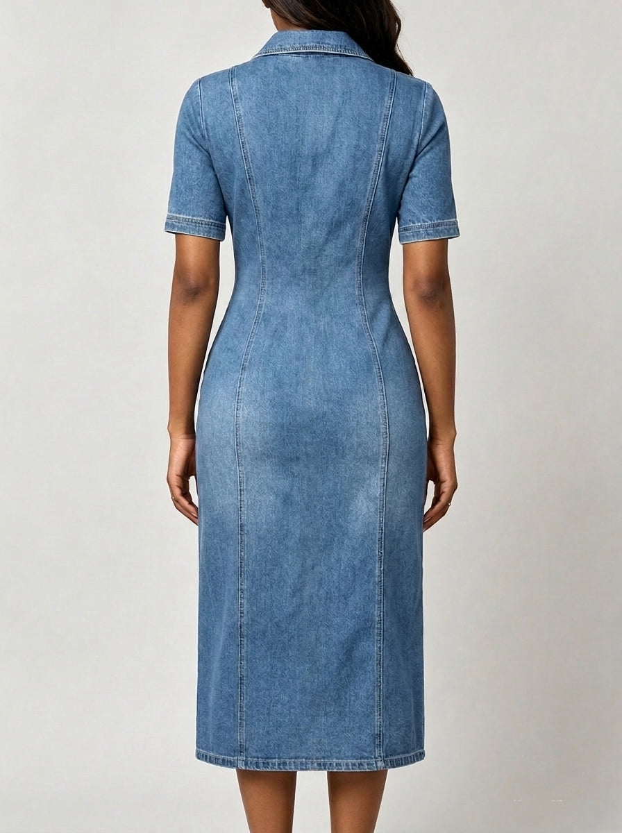 Collared Full Zipper Split Short Sleeve Denim Midi Dress