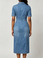 Collared Full Zipper Split Short Sleeve Denim Midi Dress