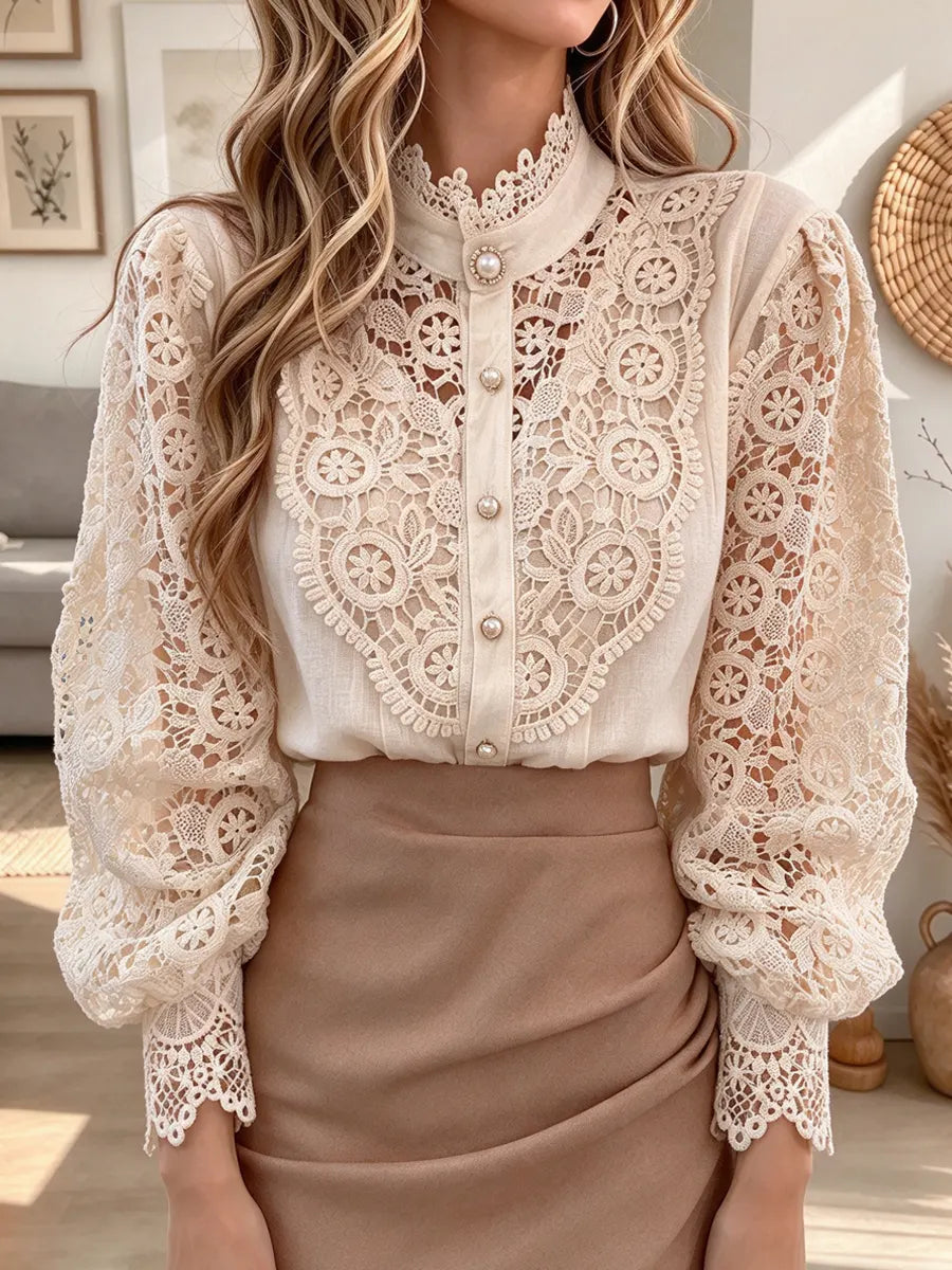 Retro Elegant Lace Hollow Patchwork Art Casual Stylish Long Sleeve Shirt