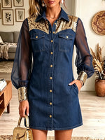 Women's Sequin Patchwork Sheer Sleeve Denim Dress