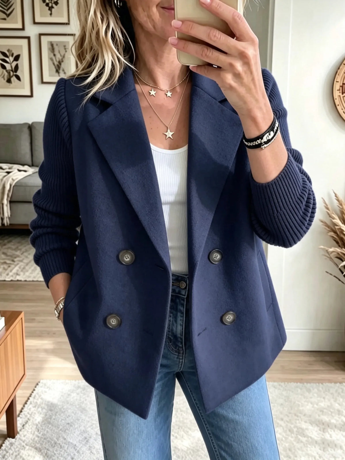 Women's Knit Sleeve Double-Breasted Coat