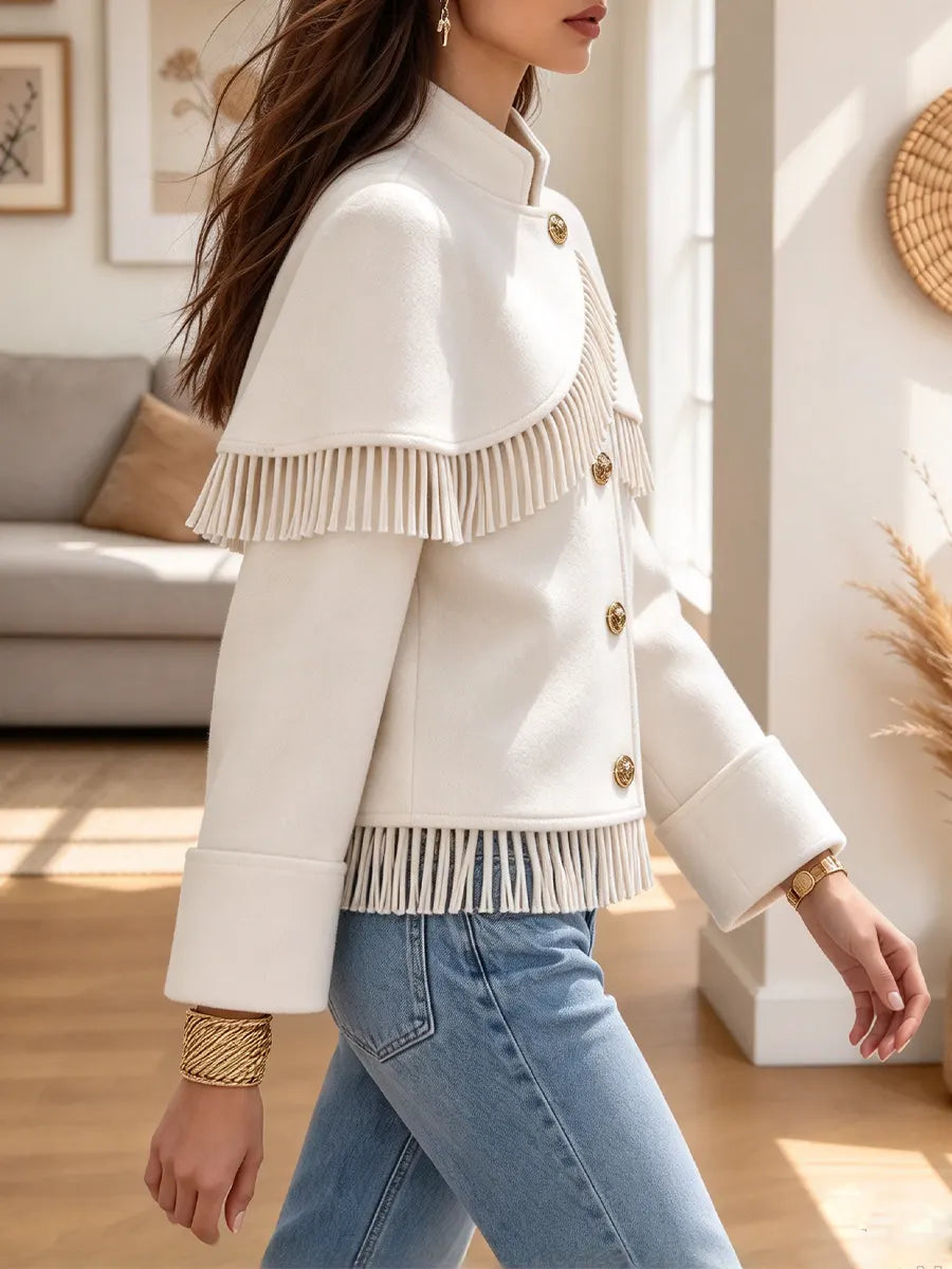 Retro Elegant Chic Fringe Art Casual Stylish Stand Collar Long Sleeve Coat
