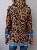 Women Leopard Print Denim Spliced Frayed Blazer Lapel Open Front Jacket With Pockets