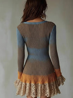 Boho Color Block Knit Mini Dress V‑Neck Long Sleeve Lace Ruffle Hem Dress