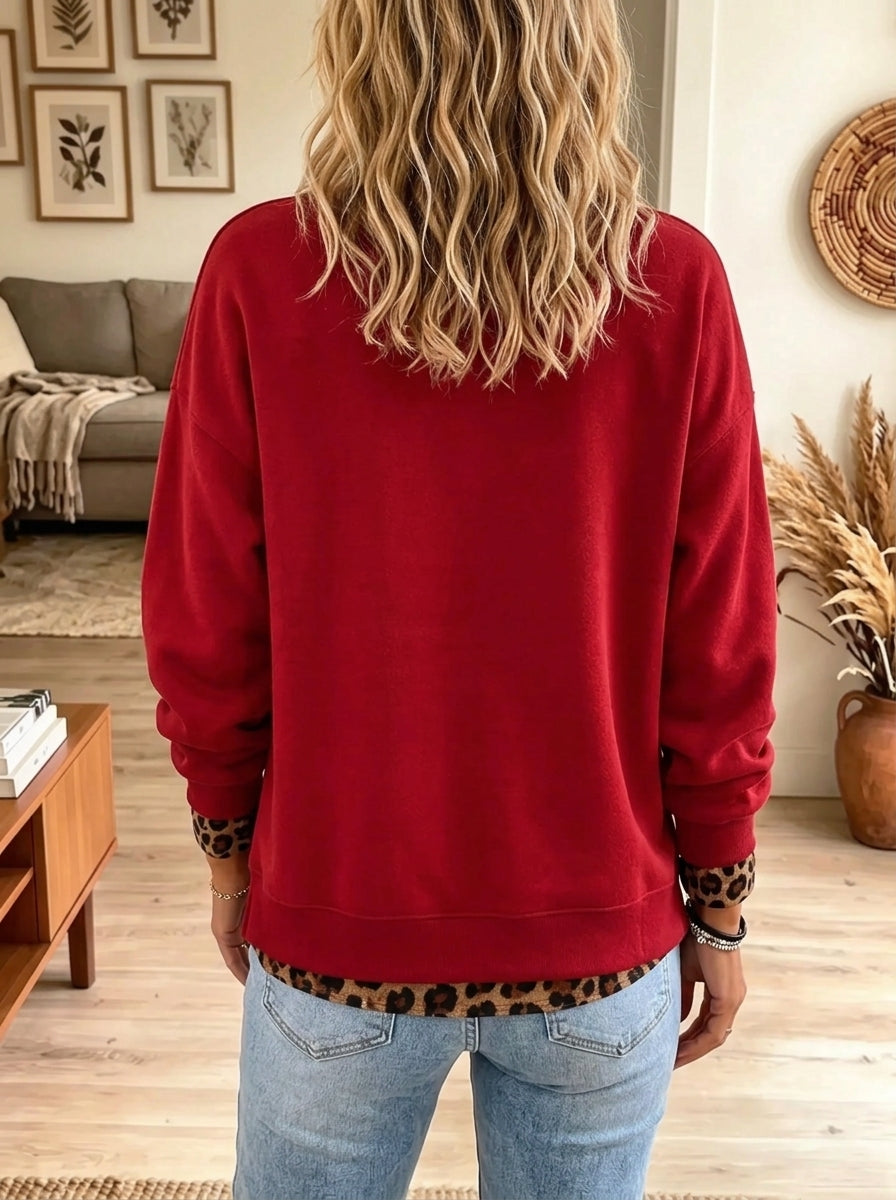 Women's Beaded Santa Leopard Hem Holiday Sweatshirt