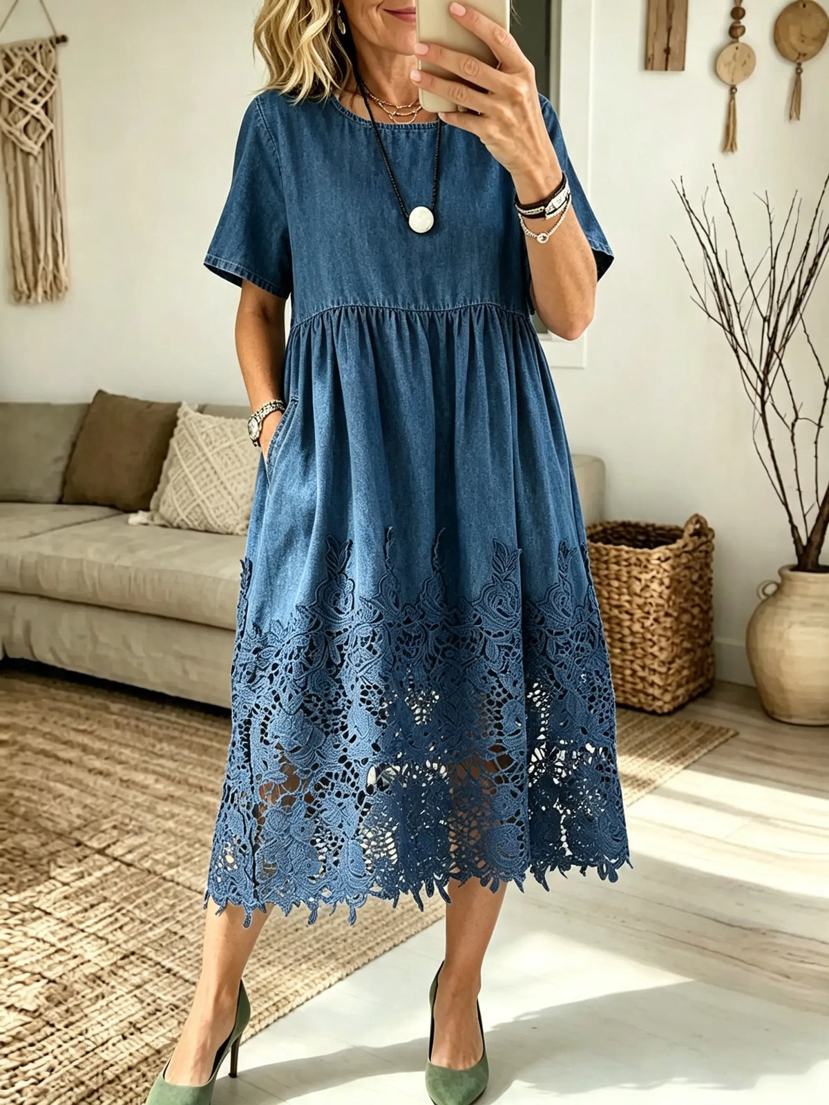 Women's Crochet Hem Short Sleeve Denim Dress