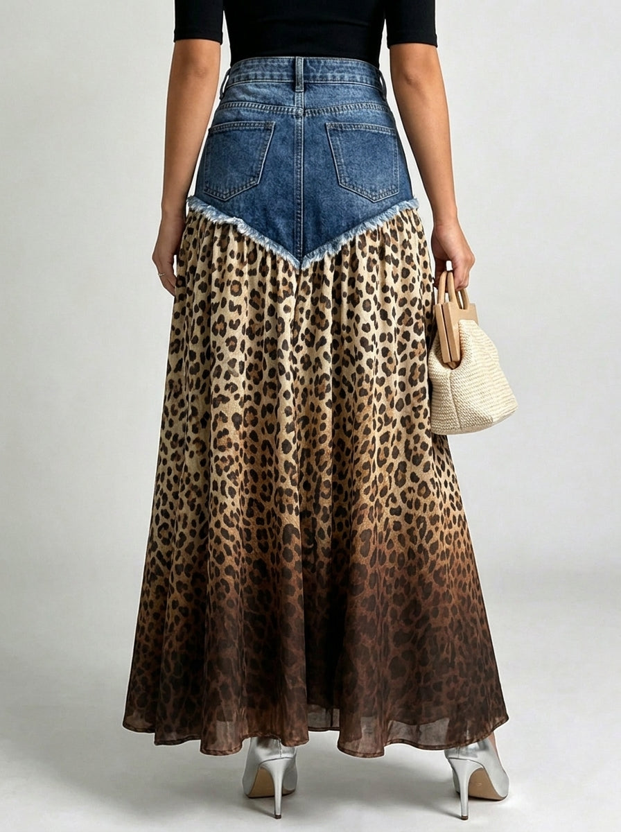 Denim Patchwork Gradient Leopard Print Fringe Maxi Skirt
