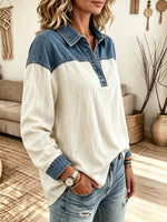 Women's Color-Block Denim Polo Blouse