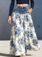 Denim Patchwork Floral Fringe Maxi Skirt With Pockets