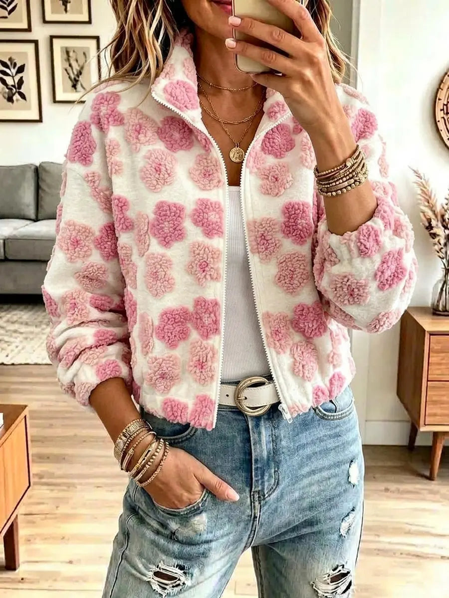 Retro Fuzzy Warm Floral Pattern Zip Art Casual Stylish Long Sleeve Coat