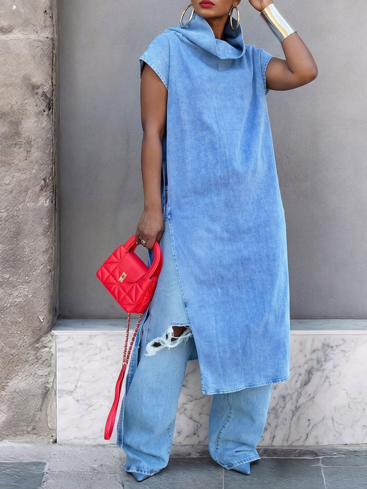 Women Denim Sleeveless Tunic Top Cowl Neck Side Slit Tie Long Blouse