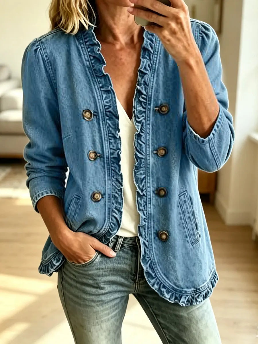 Retro Ruffle Solid Color Button Art Casual Stylish Long Sleeve Denim Coat