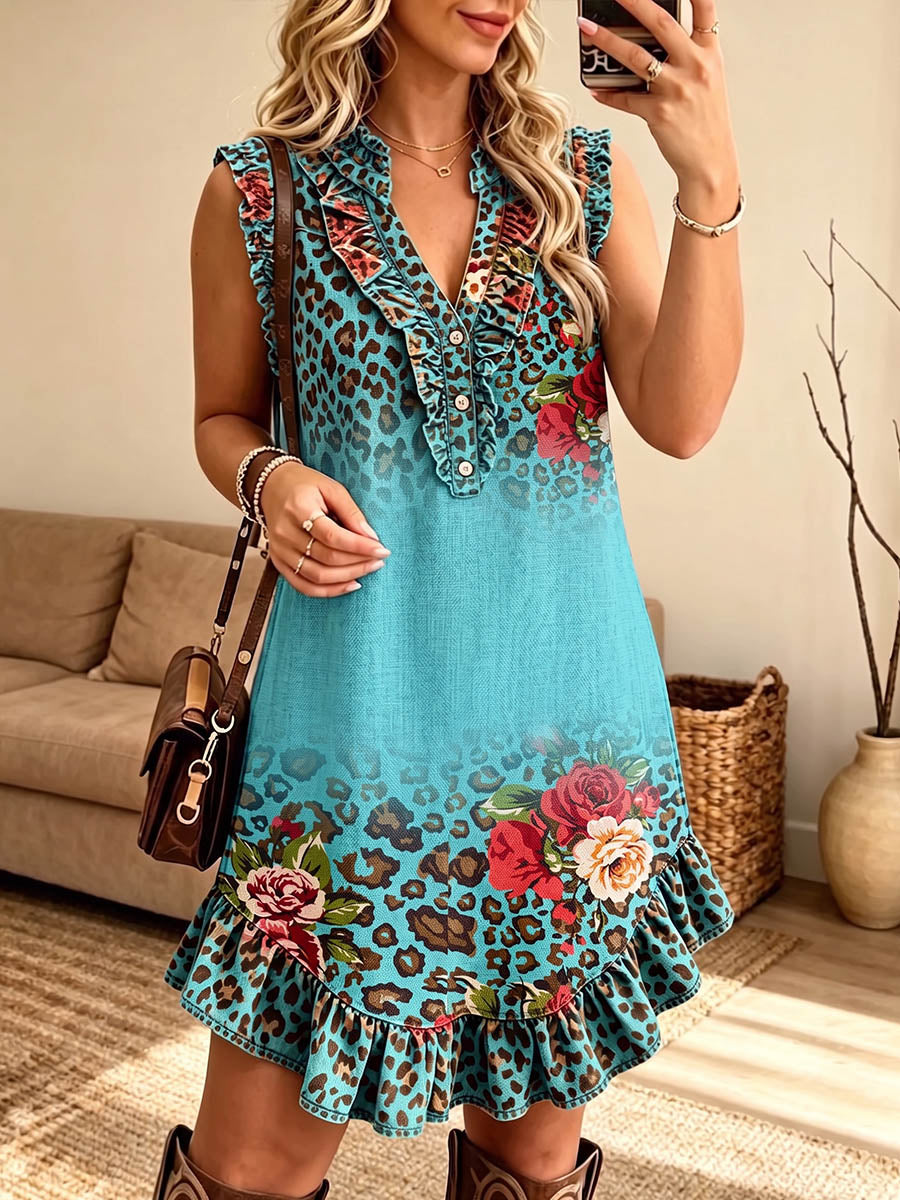 Vintage Elegant Patterned Print Patchwork Trim Ruffle Dress