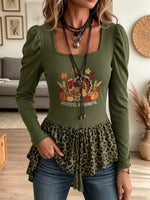 Vintage Elegant Leopard-print Patchwork Square Neck Puff Sleeves Tunic Top