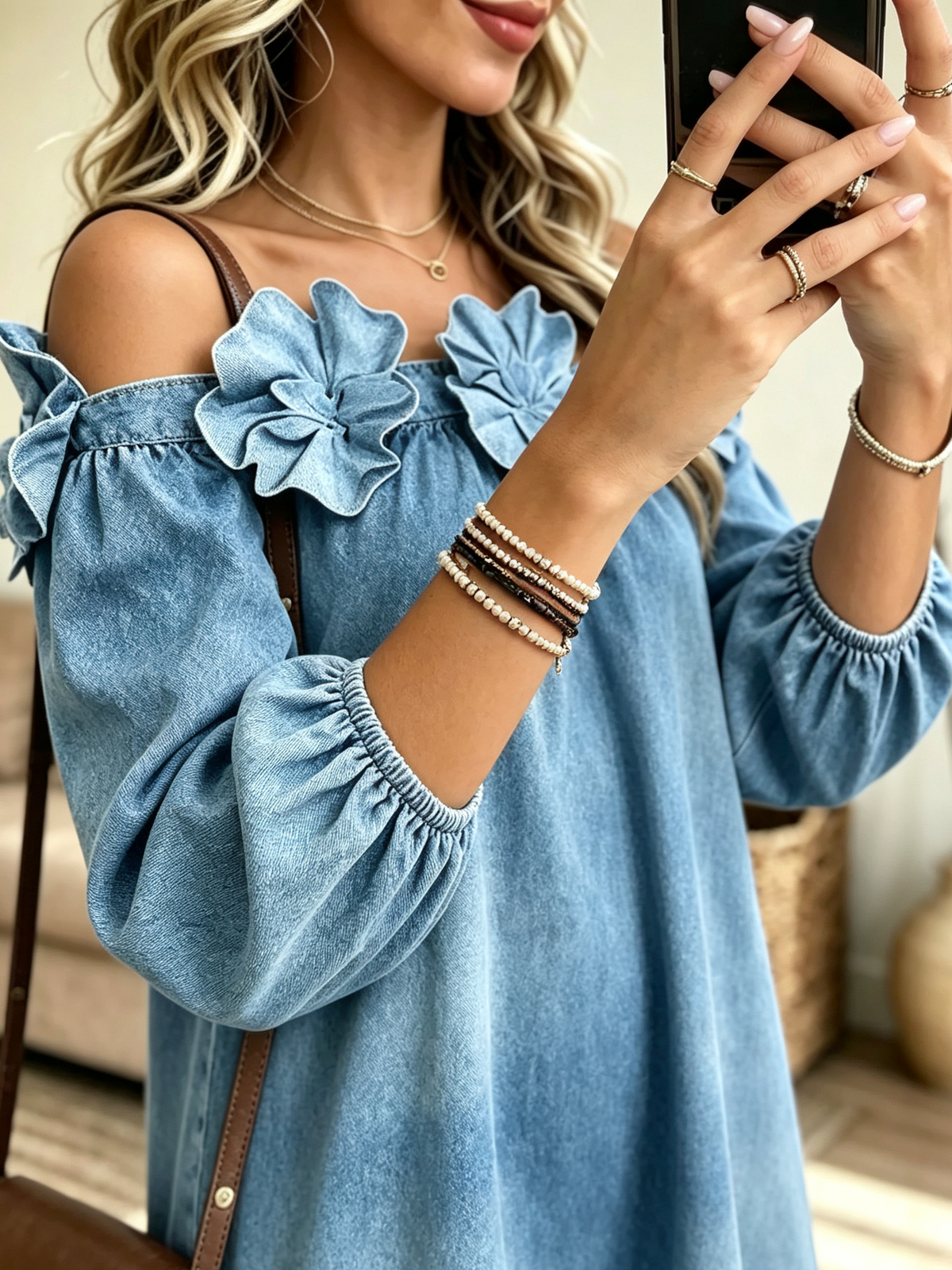 Women's 3D Floral Off-the-Shoulder Denim Mini Dress
