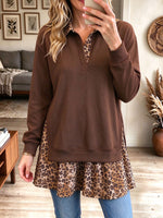 Women's Colorblock Pullover Sweatshirt with Leopard Print Collar & Hem Fake Two-Piece