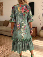 Women Tropical Floral Butterfly Ruffle Midi Dress Loose Flare Sleeve Dress With Pockets