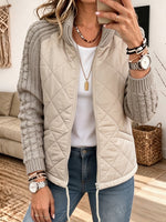 Women Quilted Knit Splice Zip‑Up Jacket, Stand Collar Mixed Media Casual Outerwear With Pockets