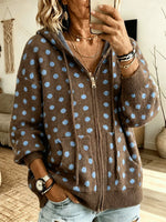 Vintage Polka Dot Hooded Knitted Zip Art Casual Stylish Long Sleeve Sweater Coat
