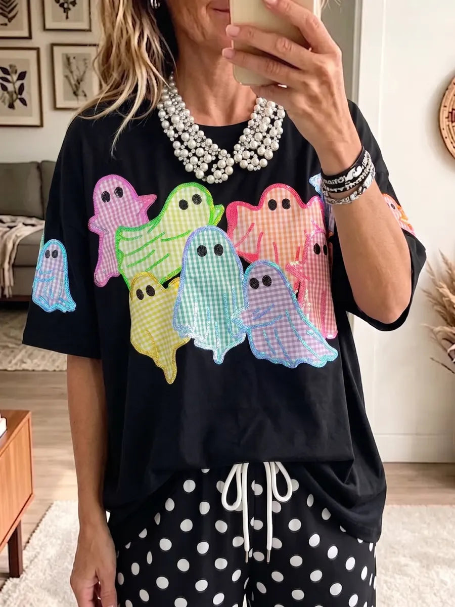 Vintage Elegant Shiny Patchwork Ghost T-shirt