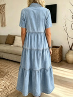 Women's Tiered Denim Maxi Shirt Dress