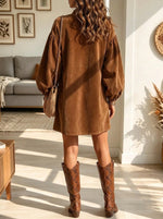 Women's Stand Collar Lantern Sleeve Suede Mini Dress