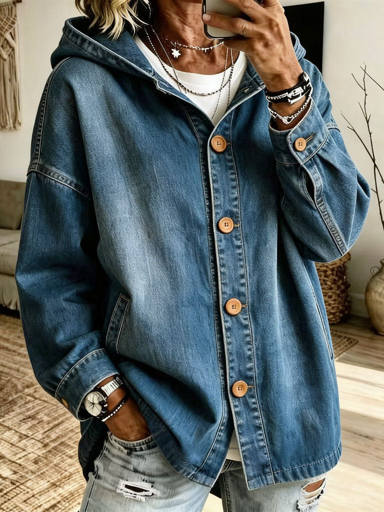 Women's Oversized Button-Down Hooded Denim Jacket