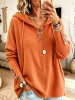 Women Waffle Knit Hoodie Top Floral Patch Button Henley Long Sleeve Sweater