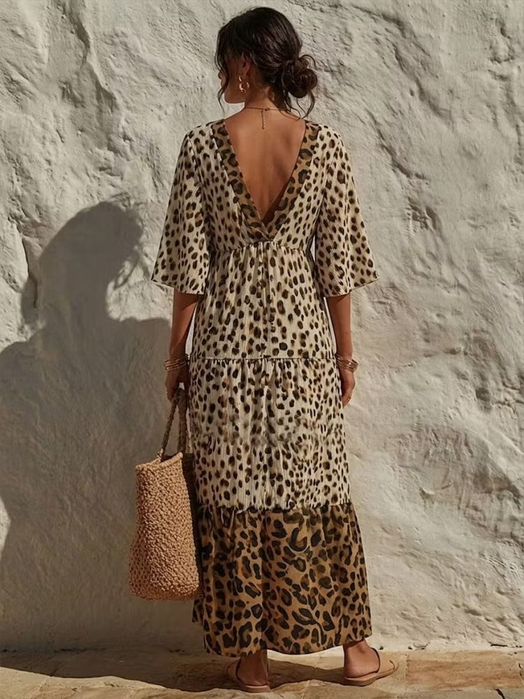 Women Leopard Print Tiered Maxi Dress V‑Neck Flutter Short Sleeve Boho Vacation Long Dress