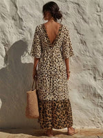 Women Leopard Print Tiered Maxi Dress V‑Neck Flutter Short Sleeve Boho Vacation Long Dress