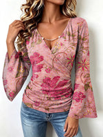 Retro Floral Pattern Art Print Casual Stylish Cotton V Collar Shirt