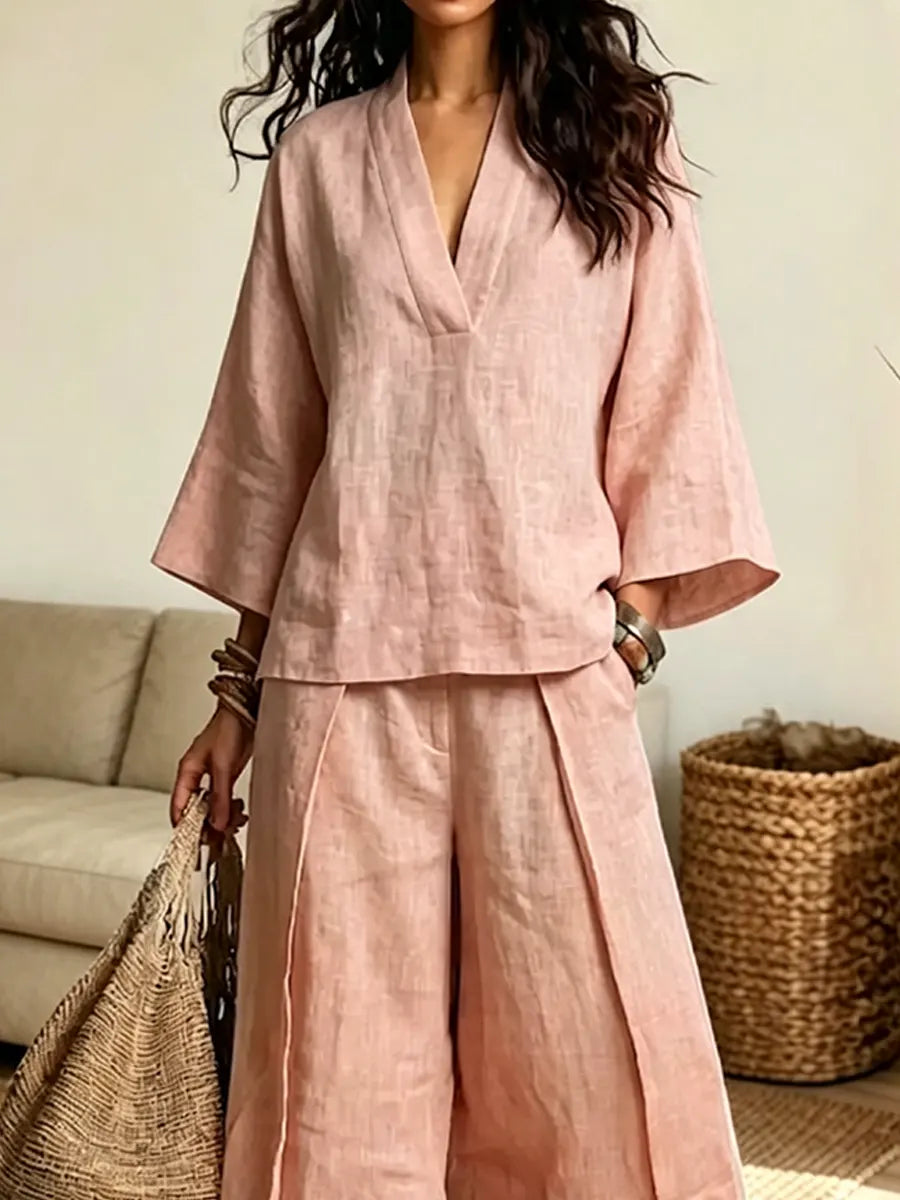 Retro 3/4 Sleeve Art Casual Stylish Top And Wide Leg Pants Two-piece Sets