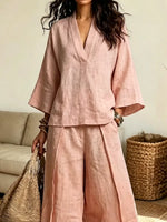 Retro 3/4 Sleeve Art Casual Stylish Top And Wide Leg Pants Two-piece Sets