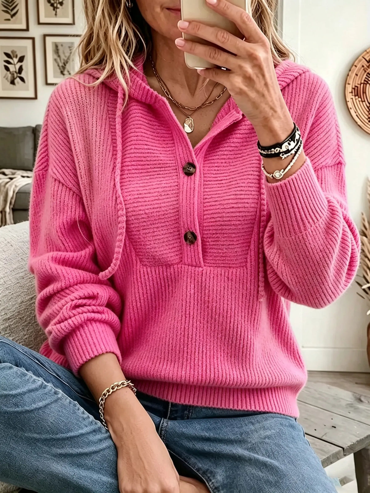 Women's Ribbed Knit Henley Pullover Hoodie