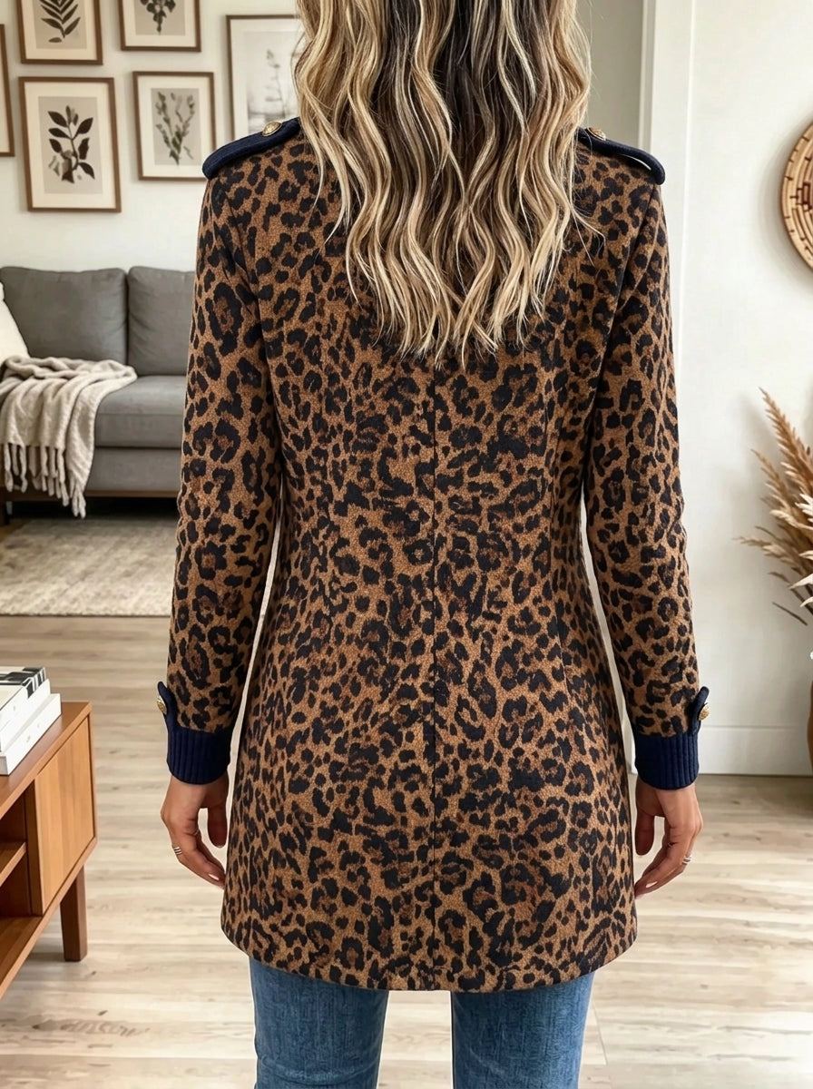 Women's Leopard Double-Breasted Military Cardigan Coat