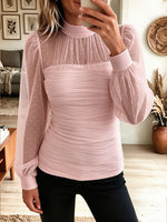 Women's Mock Neck Polka Dot Mesh Lantern Sleeve Ruched Slim Top