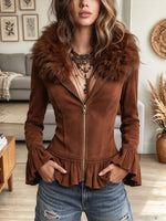Women's Faux Fur Collar Suede Zip Jacket