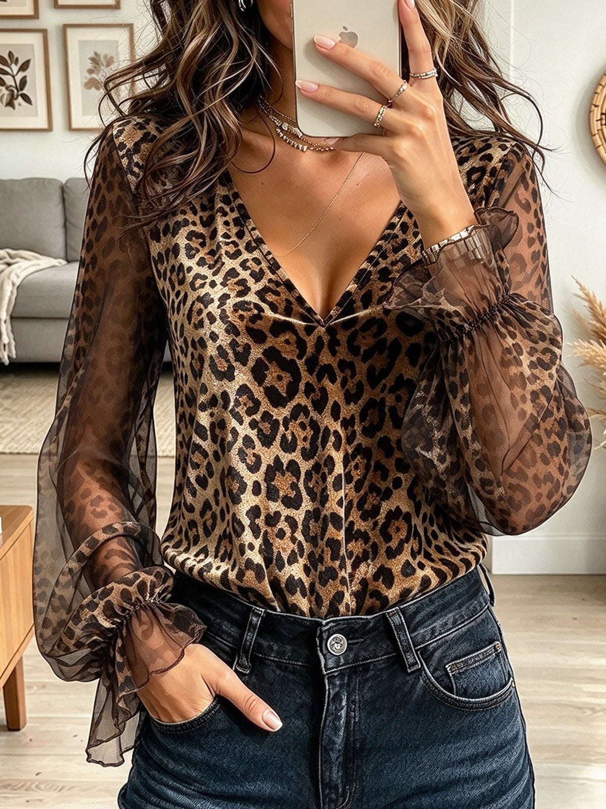 Women's Brown Leopard Print Sheer Chiffon V-Neck Long Sleeve Bell Sleeve Top