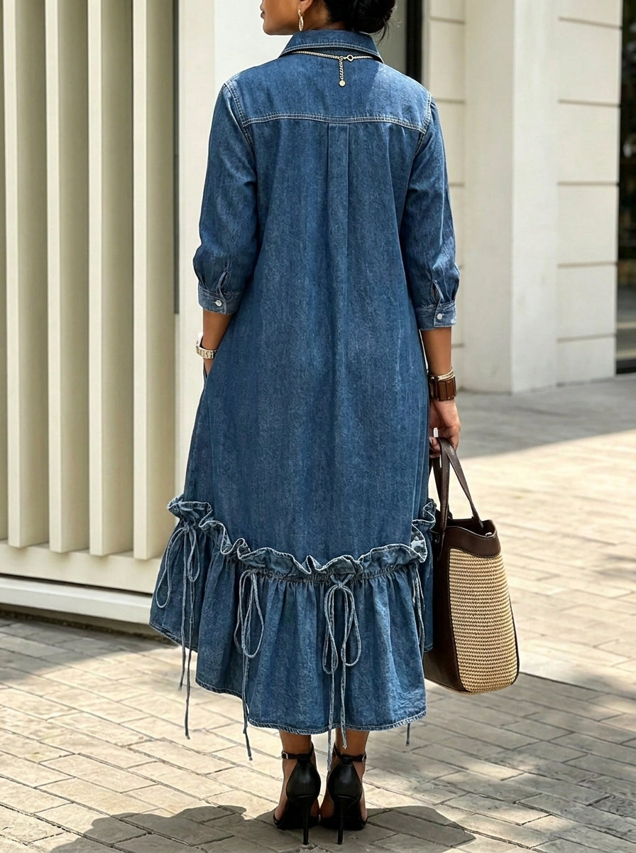 Women Denim Shirt Midi Dress Long Sleeve Button Down Ruffle Tie‑Detail Hi‑Lo Hem Dress With Pockets