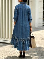 Women Denim Shirt Midi Dress Long Sleeve Button Down Ruffle Tie‑Detail Hi‑Lo Hem Dress With Pockets