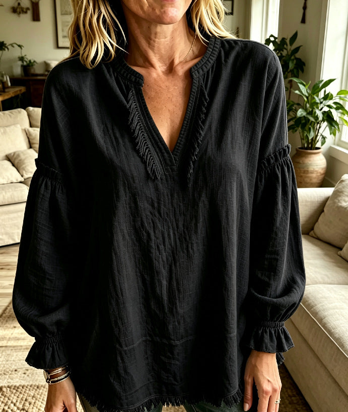 Women Boho Fringe V‑Neck Puff Long Sleeve Blouse Top