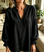 Women Boho Fringe V‑Neck Puff Long Sleeve Blouse Top