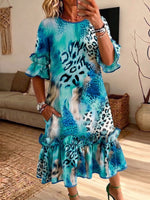 Women Leopard Tie‑Dye Ruffle Midi Dress Loose Flare Sleeve Dress With Pockets