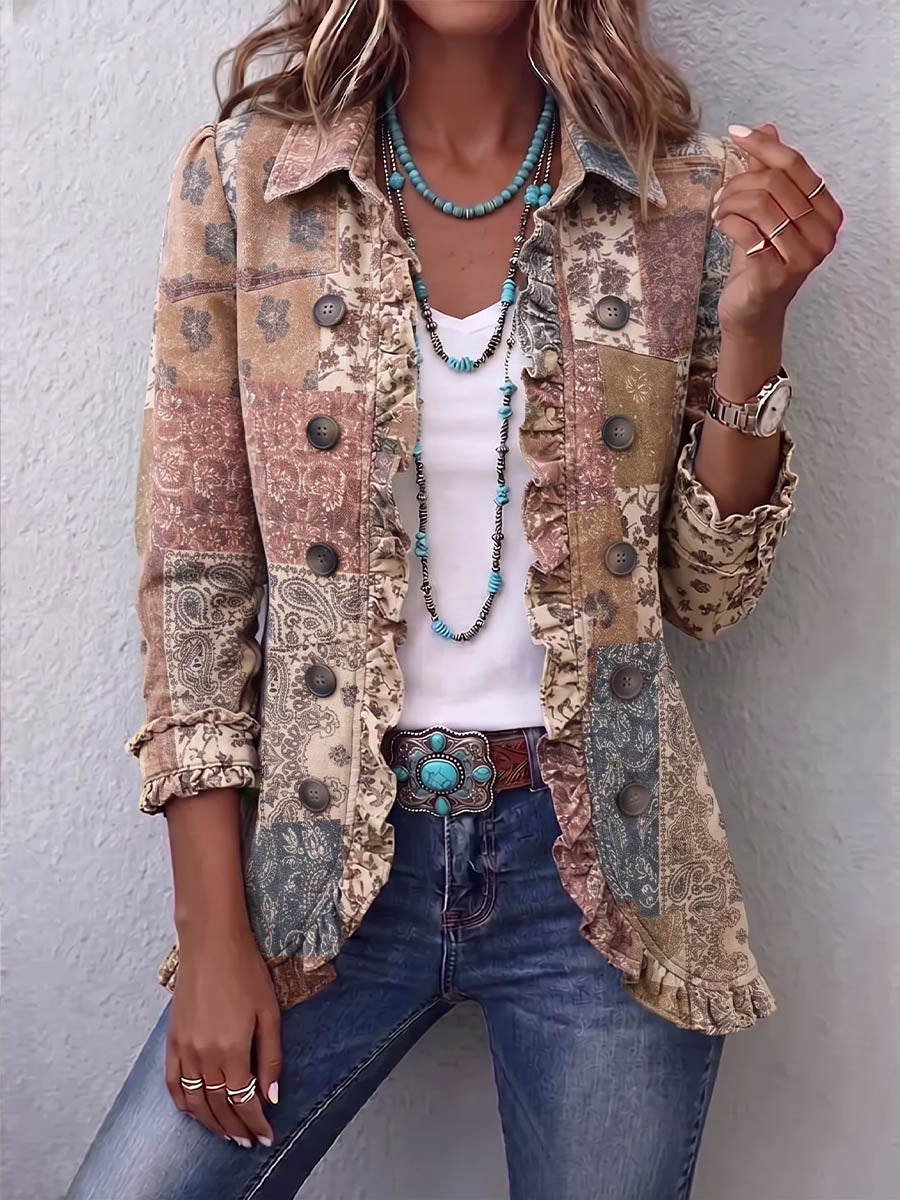 Vintage Elegant Floral Patchwork Ruffled Jacket