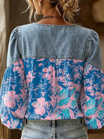 Retro Floral Pattern Art Print Casual Stylish Denim Patchwork Long Sleeve Shirt